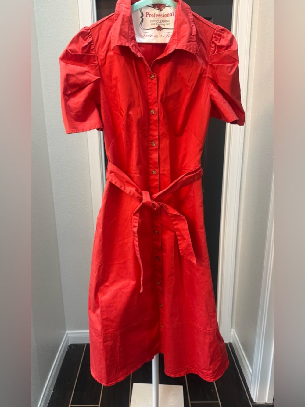 Shoshanna Red Button-Front Tie-Waist Midi Dress
